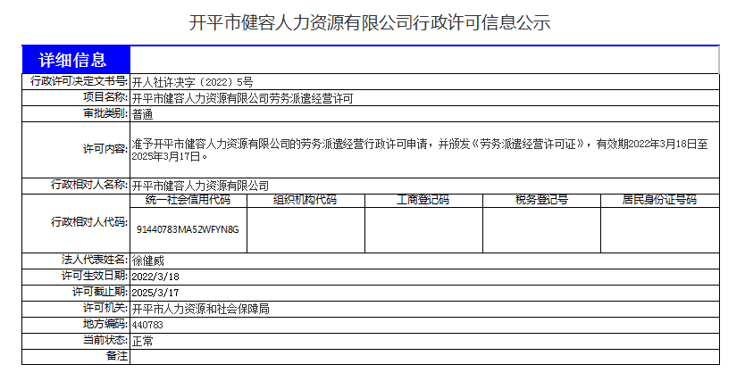 開(kāi)平市健容人力資源有限公司行政許可信息公示.png